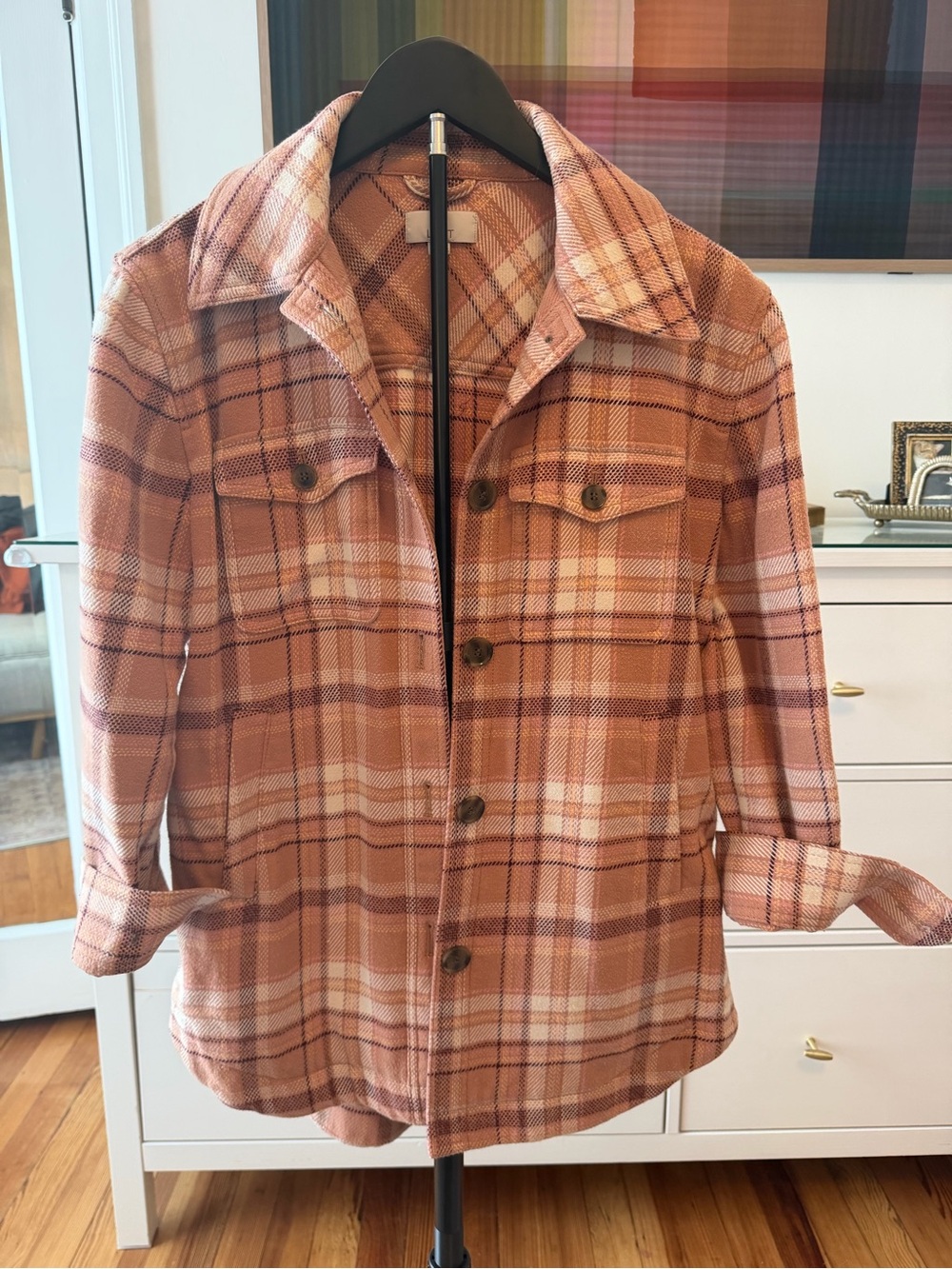LOFT Pink Plaid Button-Front Jean Jacket with pockets 100% cotton oversized